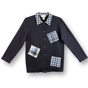 Hampshire Studio Women Cardigan Size Small Pointed Collar Patch Blue White